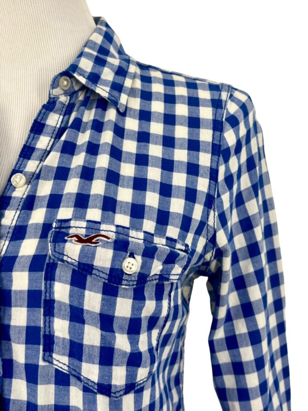VTG Hollister Blue White Plaid Button Front Flannel Shirt M| Indie Sleaze Grunge - Picture 2 of 9
